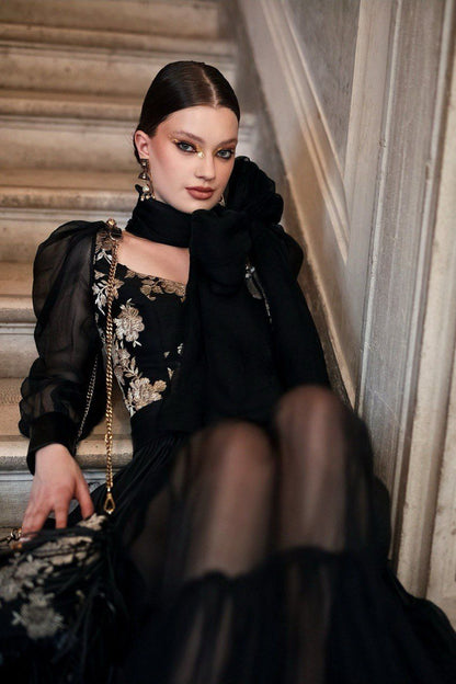 Golden Rose Embroidered Bodysuit with Organza Skirt & Leather Fringe Belt