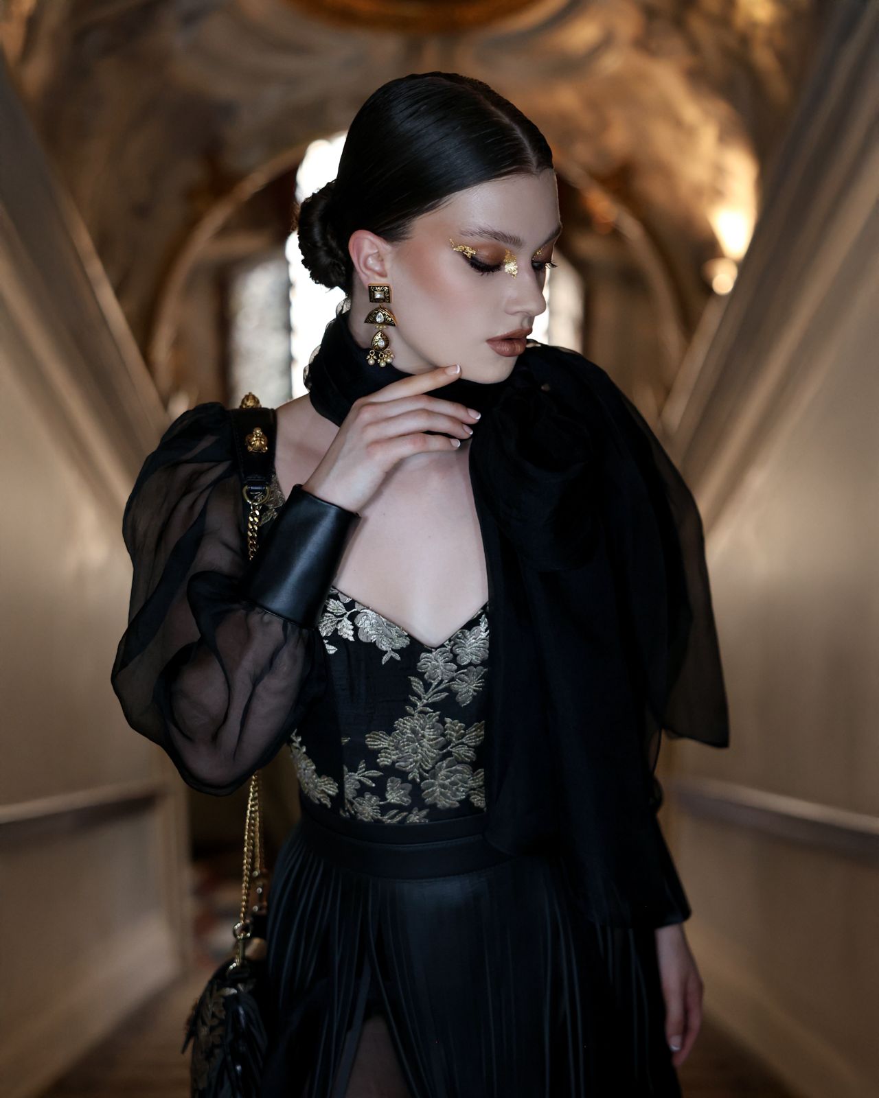 Golden Rose Embroidered Bodysuit with Organza Skirt & Leather Fringe Belt