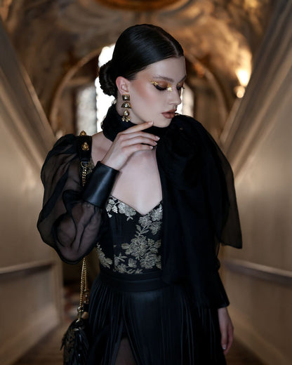 Golden Rose Embroidered Bodysuit with Organza Skirt & Leather Fringe Belt