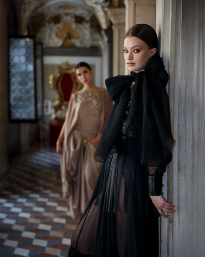 Golden Rose Embroidered Bodysuit with Organza Skirt & Leather Fringe Belt