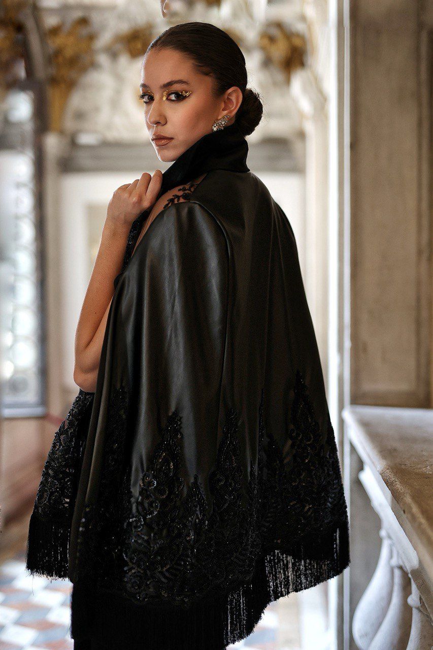 Black Leather Embroidered Cape with Sheer Net & Embroidered Pant Set