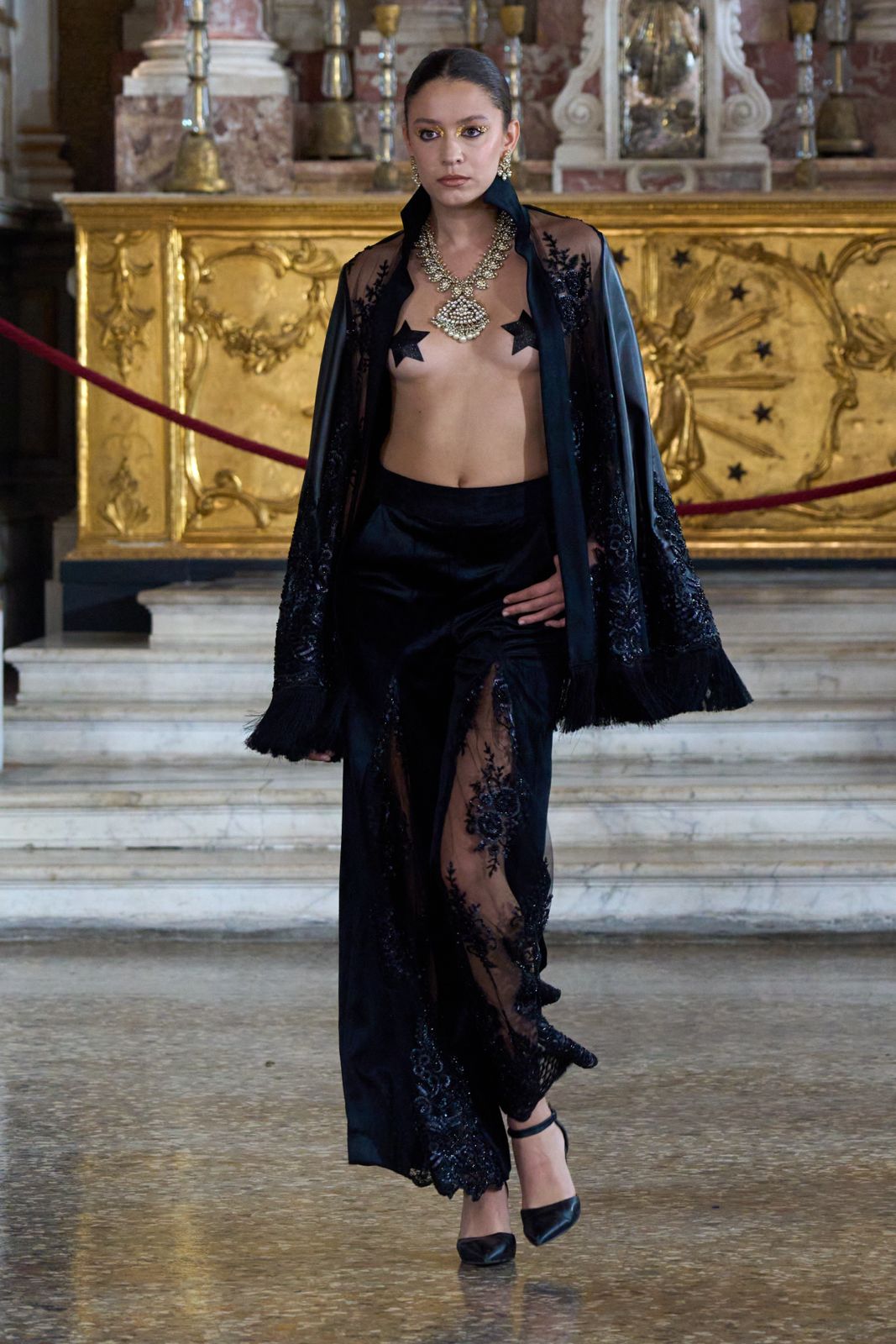 Black Leather Embroidered Cape with Sheer Net & Embroidered Pant Set