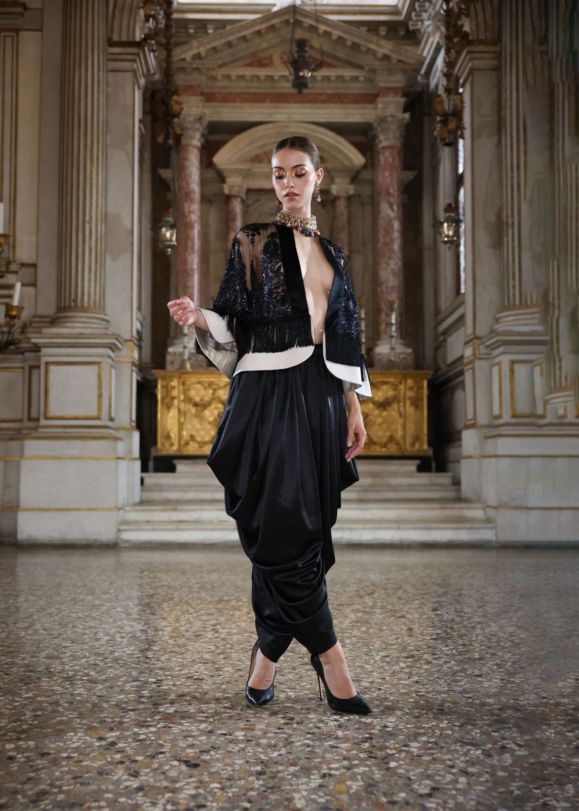 Embroidered Net and Vegan Leather Cape with Black Satin Dhoti Pants Set