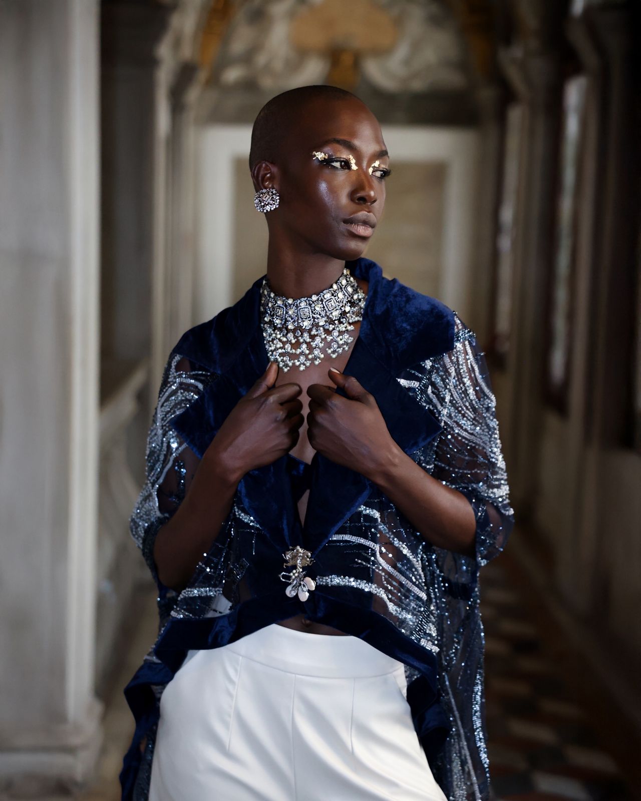 ⁠Luxe Embroidered Net Cape with Off-White Vegan Leather Pants