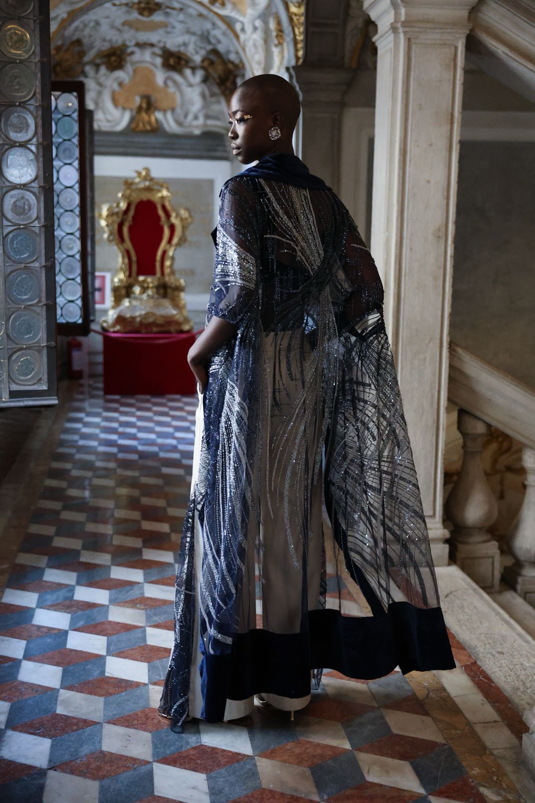 ⁠Luxe Embroidered Net Cape with Off-White Vegan Leather Pants