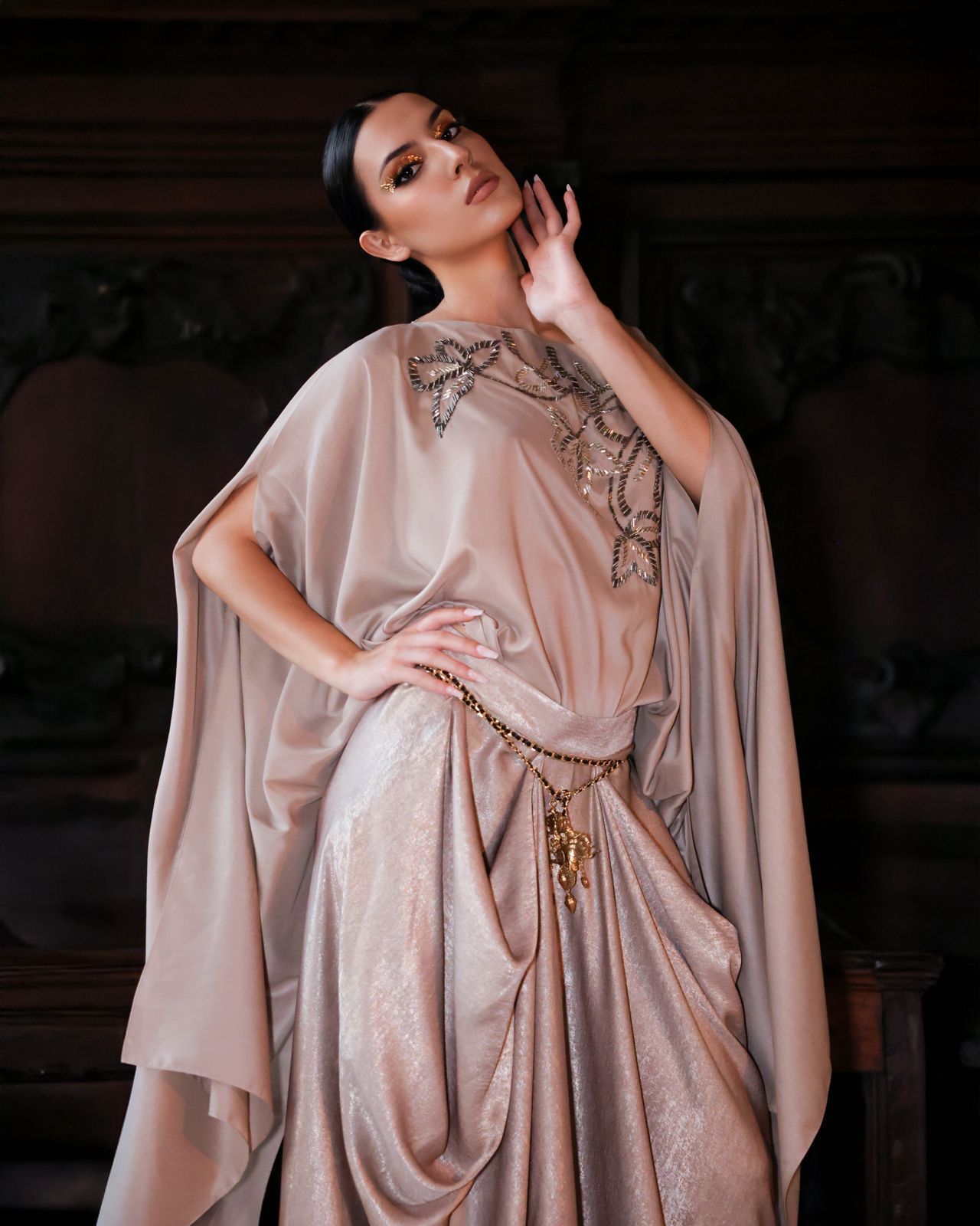 ⁠Embroidered Cape Top and Cowl Skirt Luxury Set