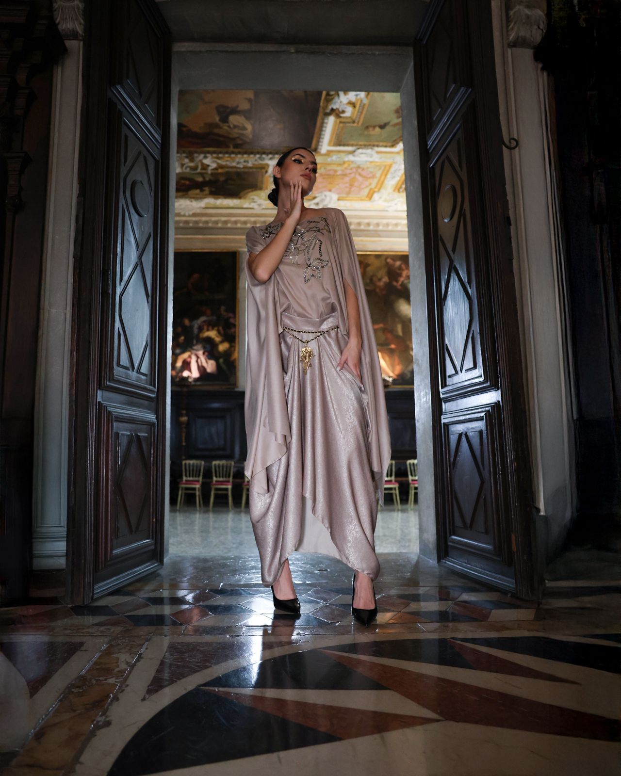 ⁠Embroidered Cape Top and Cowl Skirt Luxury Set