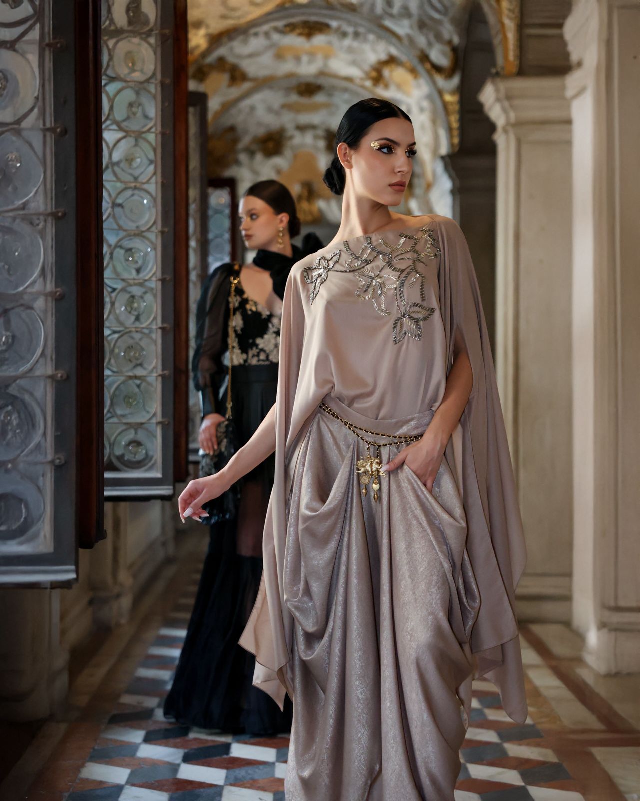 ⁠Embroidered Cape Top and Cowl Skirt Luxury Set