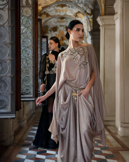 ⁠Embroidered Cape Top and Cowl Skirt Luxury Set