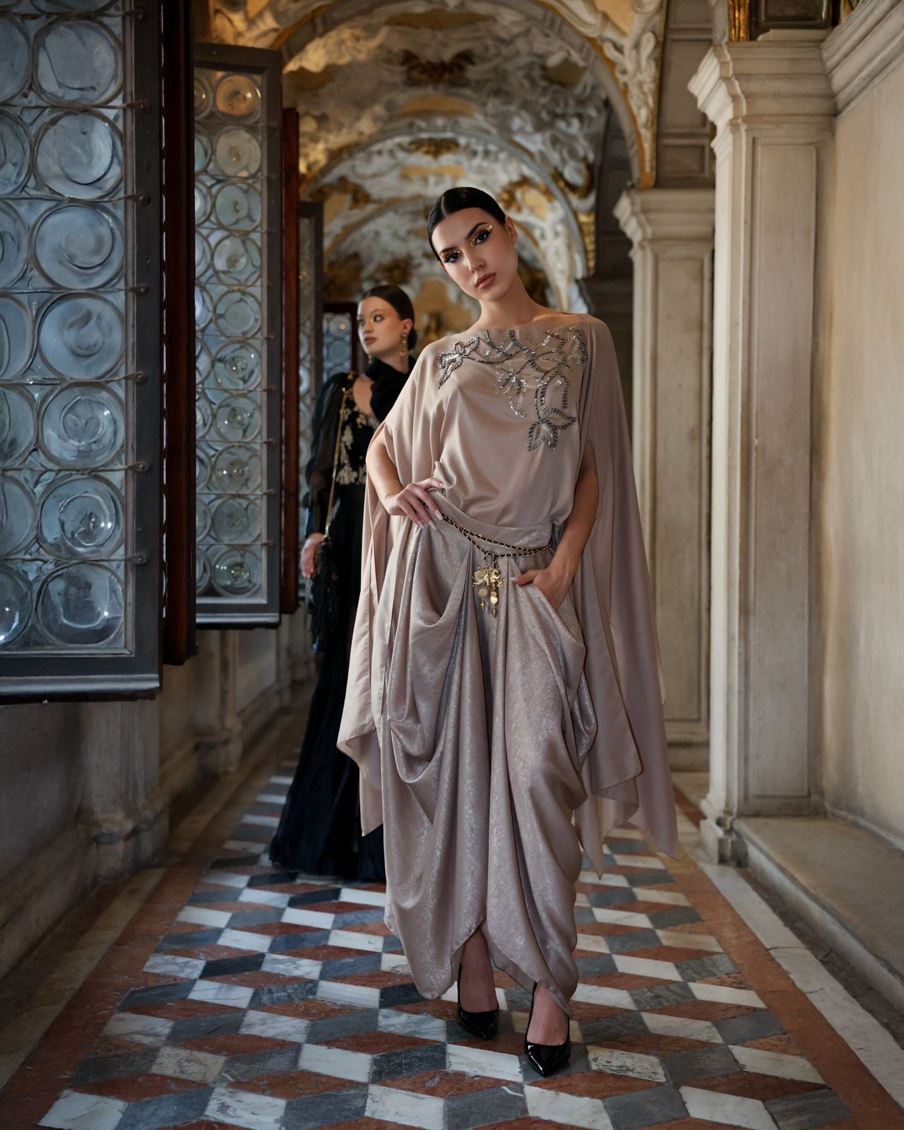 ⁠Embroidered Cape Top and Cowl Skirt Luxury Set