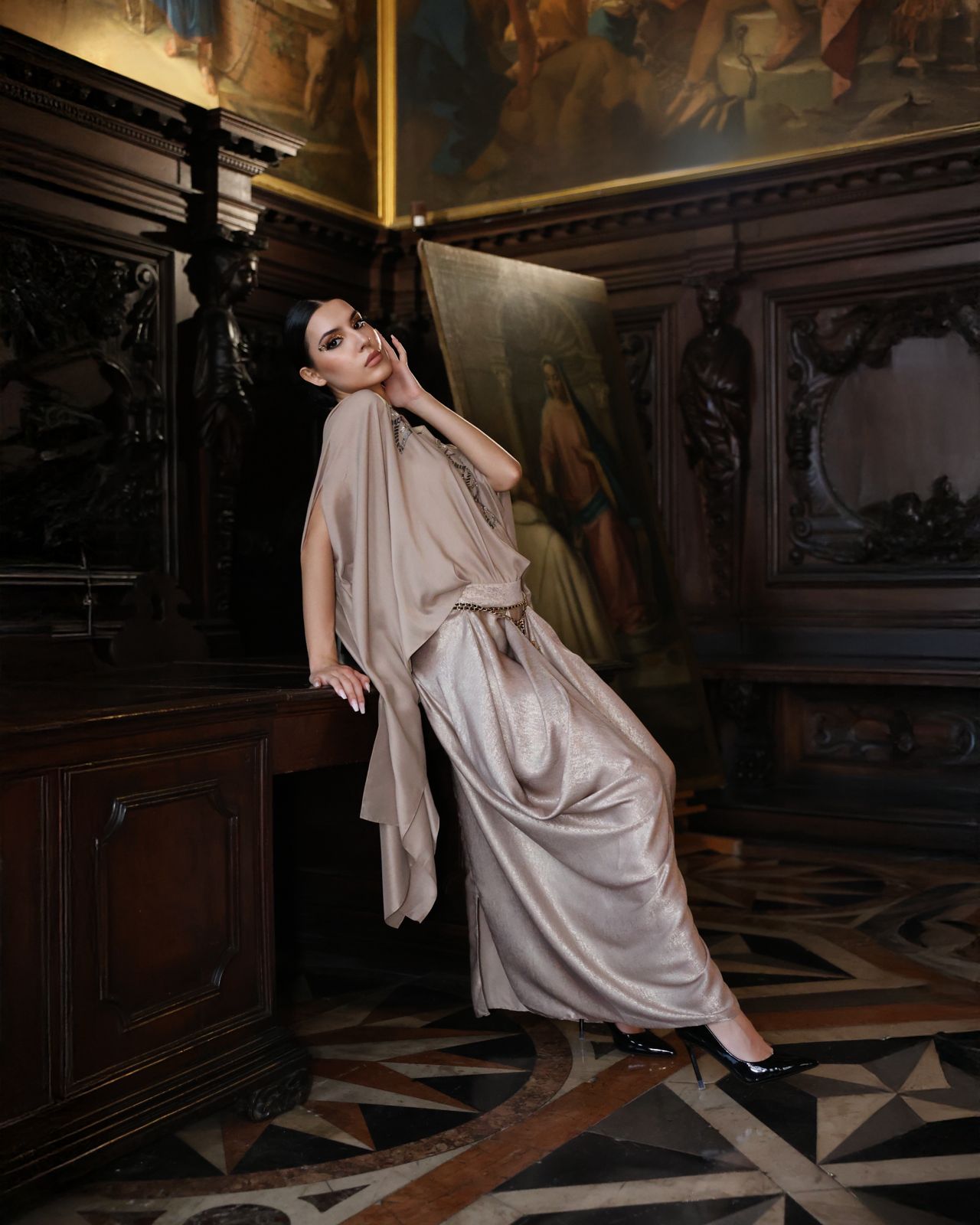 ⁠Embroidered Cape Top and Cowl Skirt Luxury Set