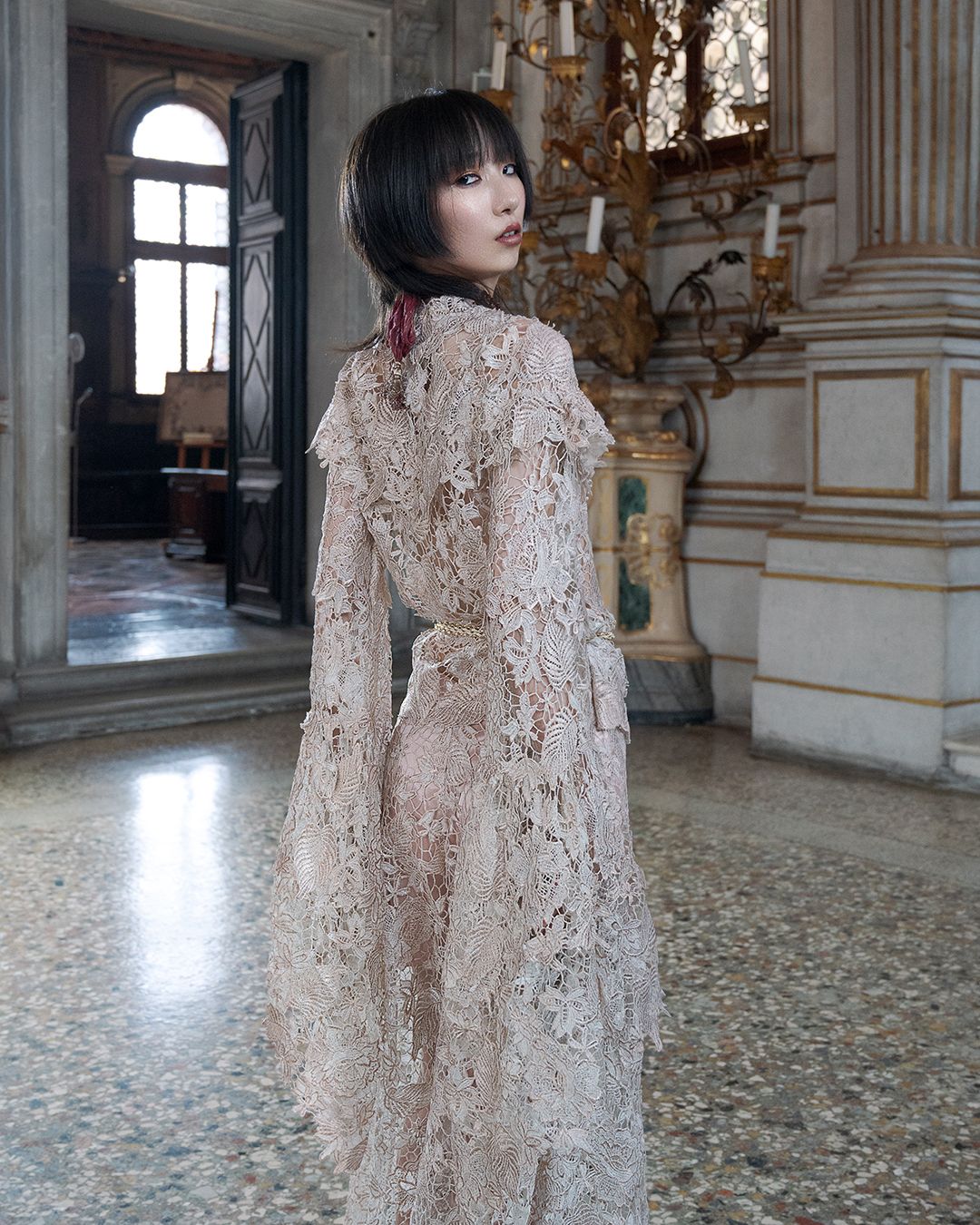 ⁠Rose Gold Crochet Lace Pant and Top Set