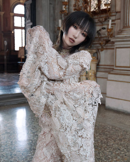 ⁠Rose Gold Crochet Lace Pant and Top Set