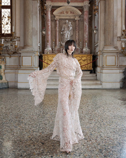 ⁠Rose Gold Crochet Lace Pant and Top Set