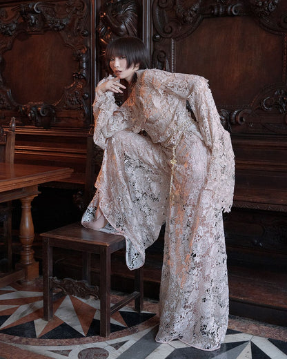 ⁠Rose Gold Crochet Lace Pant and Top Set