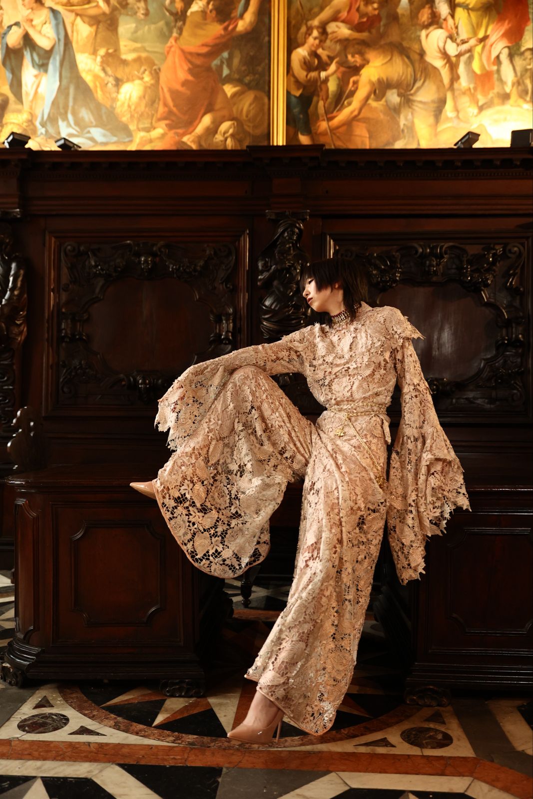 ⁠Rose Gold Crochet Lace Pant and Top Set