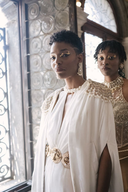 ⁠Embroidered White Velvet Cape and Jumpsuit Set