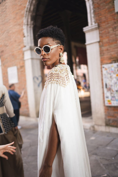 ⁠Embroidered White Velvet Cape and Jumpsuit Set
