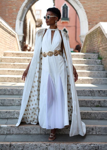 ⁠Embroidered White Velvet Cape and Jumpsuit Set