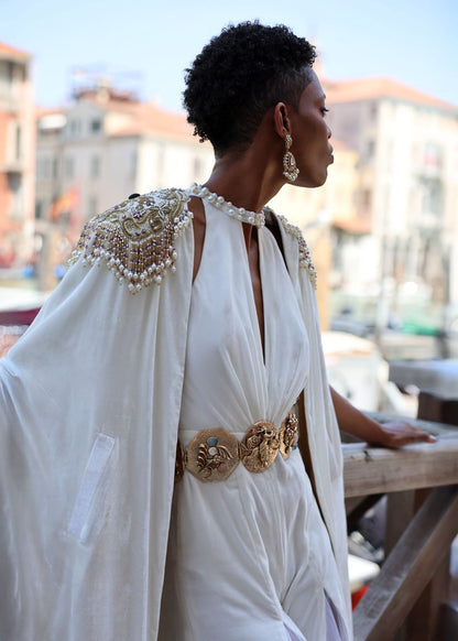 ⁠Embroidered White Velvet Cape and Jumpsuit Set