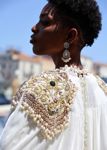 ⁠Embroidered White Velvet Cape and Jumpsuit Set