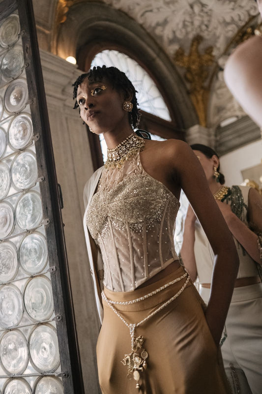 Luxe Halter Neck Corset, Embroidered Lehenga, and Silk Shawl Set