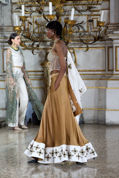 Luxe Halter Neck Corset, Embroidered Lehenga, and Silk Shawl Set