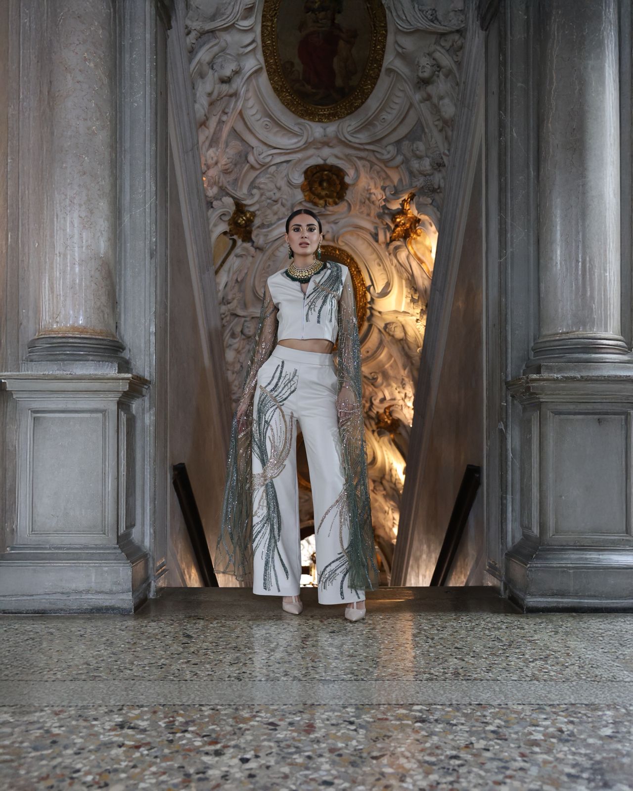 Luxurious Off-White Vegan Leather Cape Top & Wide-Leg Pants