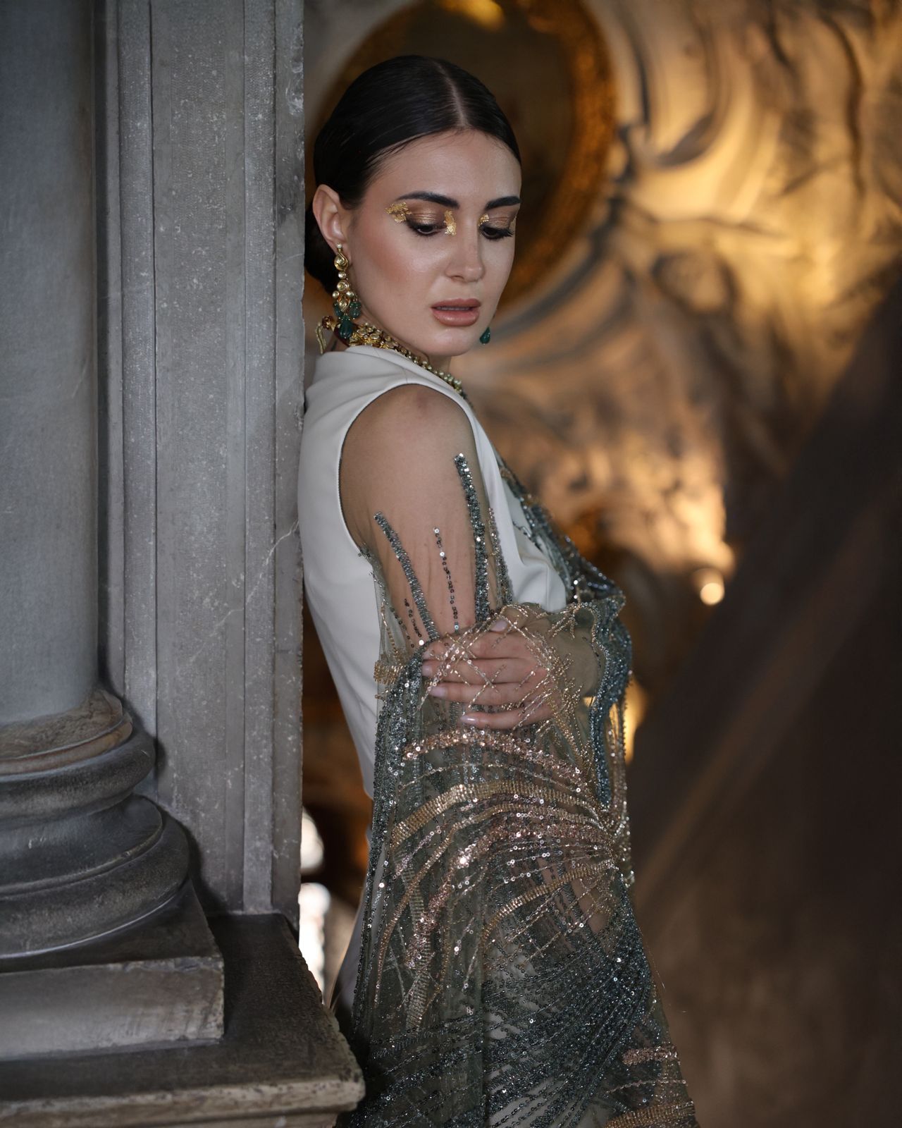 Luxurious Off-White Vegan Leather Cape Top & Wide-Leg Pants