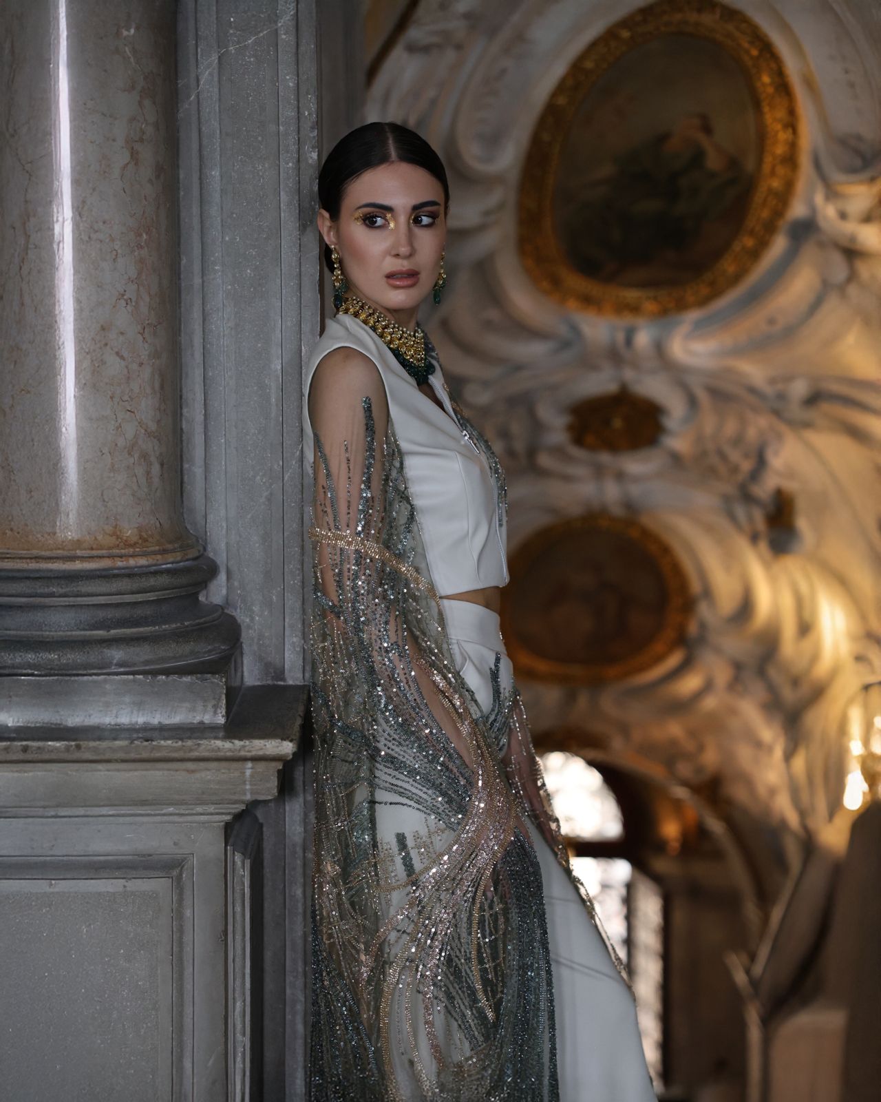 Luxurious Off-White Vegan Leather Cape Top & Wide-Leg Pants