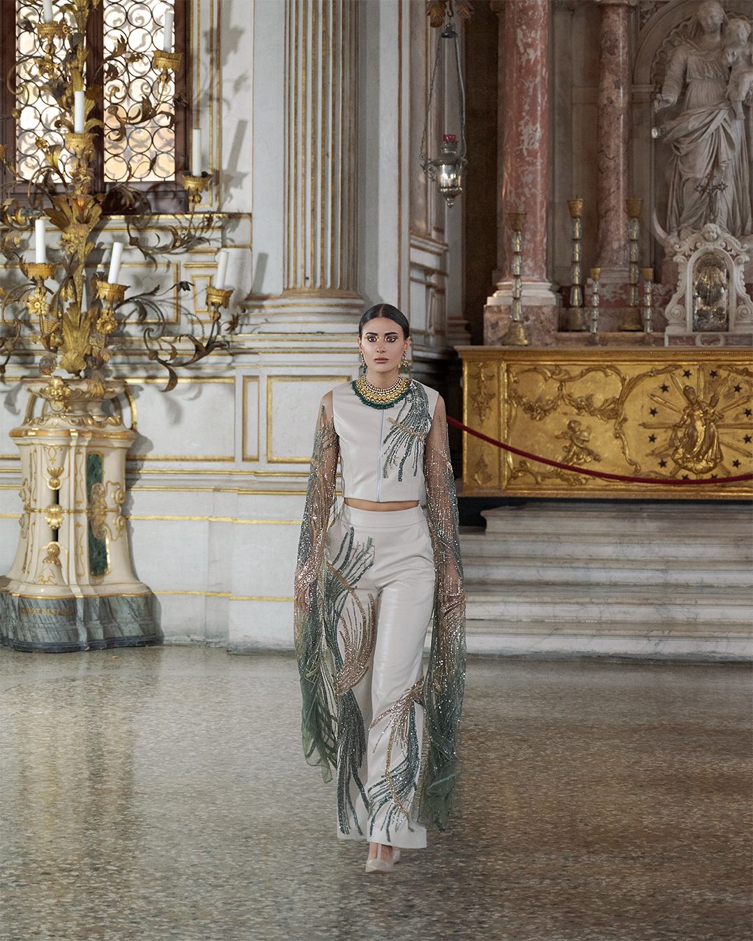 Luxurious Off-White Vegan Leather Cape Top & Wide-Leg Pants