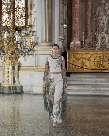 Luxurious Off-White Vegan Leather Cape Top & Wide-Leg Pants