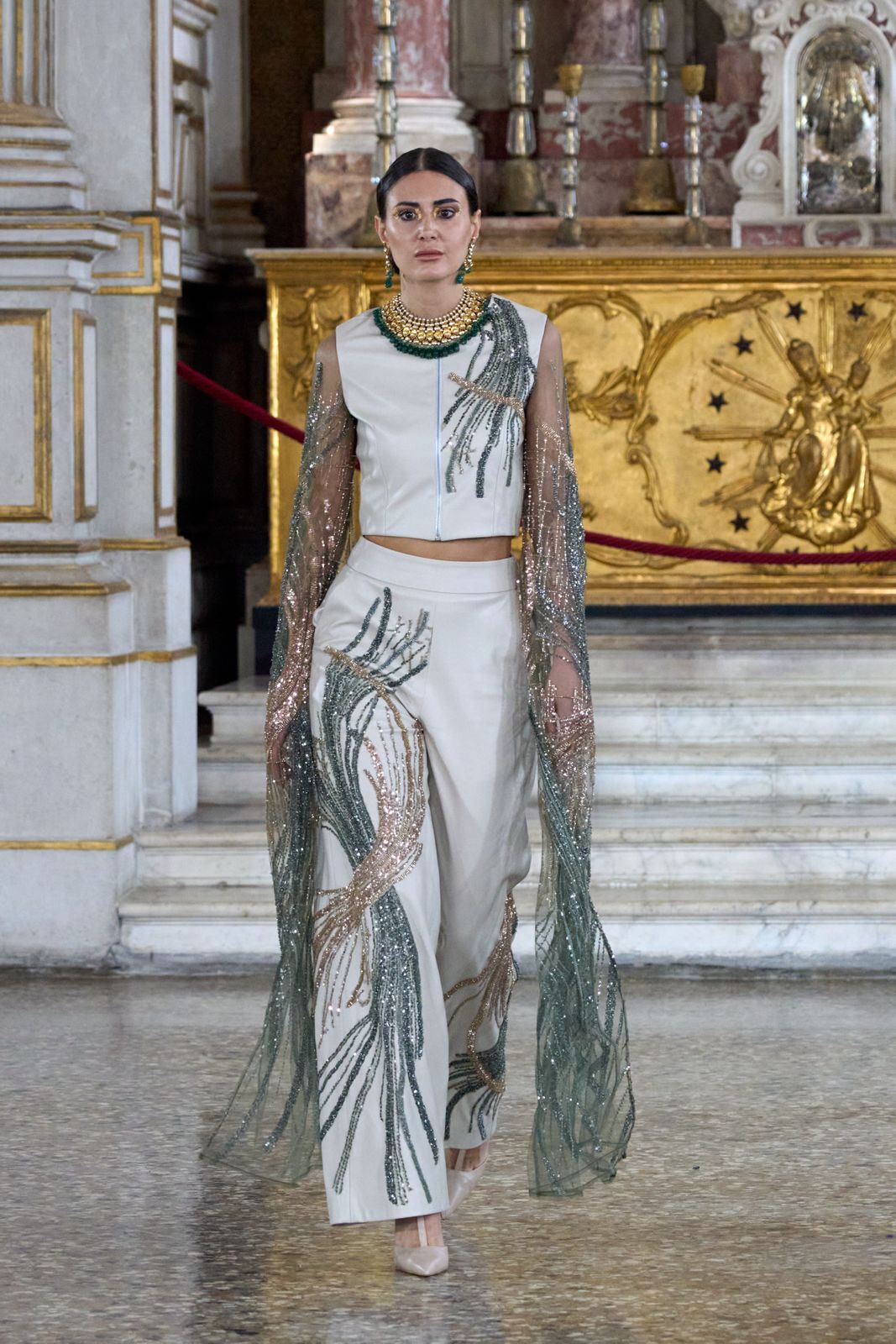 Luxurious Off-White Vegan Leather Cape Top & Wide-Leg Pants