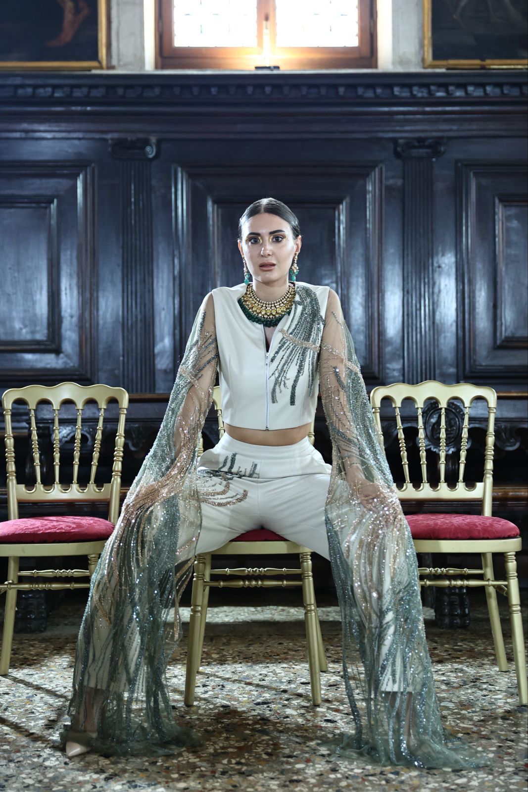 Luxurious Off-White Vegan Leather Cape Top & Wide-Leg Pants