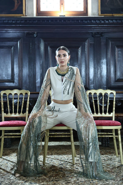 Luxurious Off-White Vegan Leather Cape Top & Wide-Leg Pants