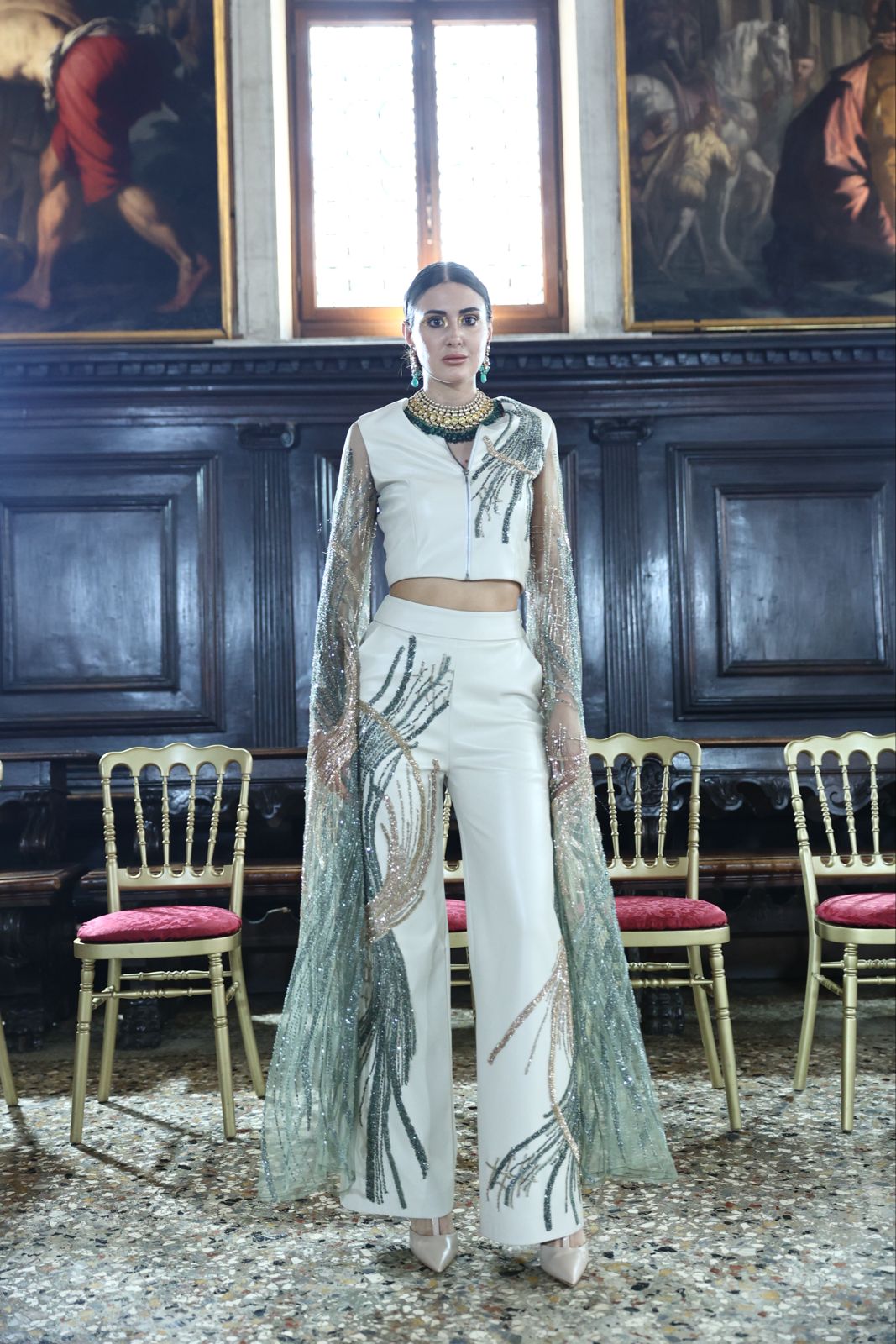 Luxurious Off-White Vegan Leather Cape Top & Wide-Leg Pants
