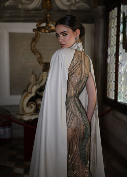 High-Slit Embroidered Net Gown with Off-White Vegan Leather Shoulder Cape