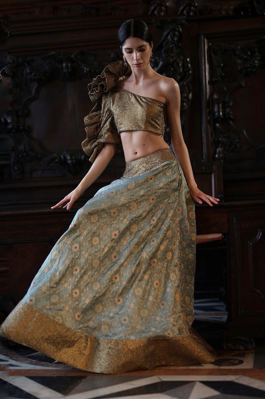 One-Shoulder Sequin Crop Top and Banarasi Brocade Silk Skirt Set