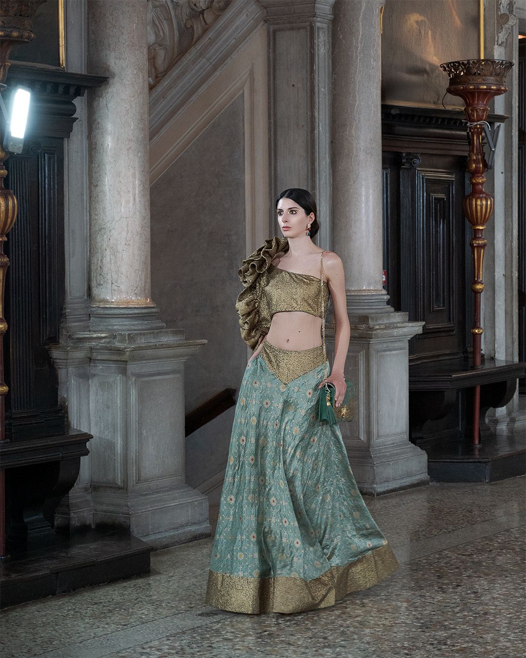 One-Shoulder Sequin Crop Top and Banarasi Brocade Silk Skirt Set