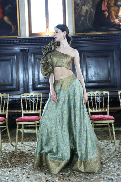 One-Shoulder Sequin Crop Top and Banarasi Brocade Silk Skirt Set