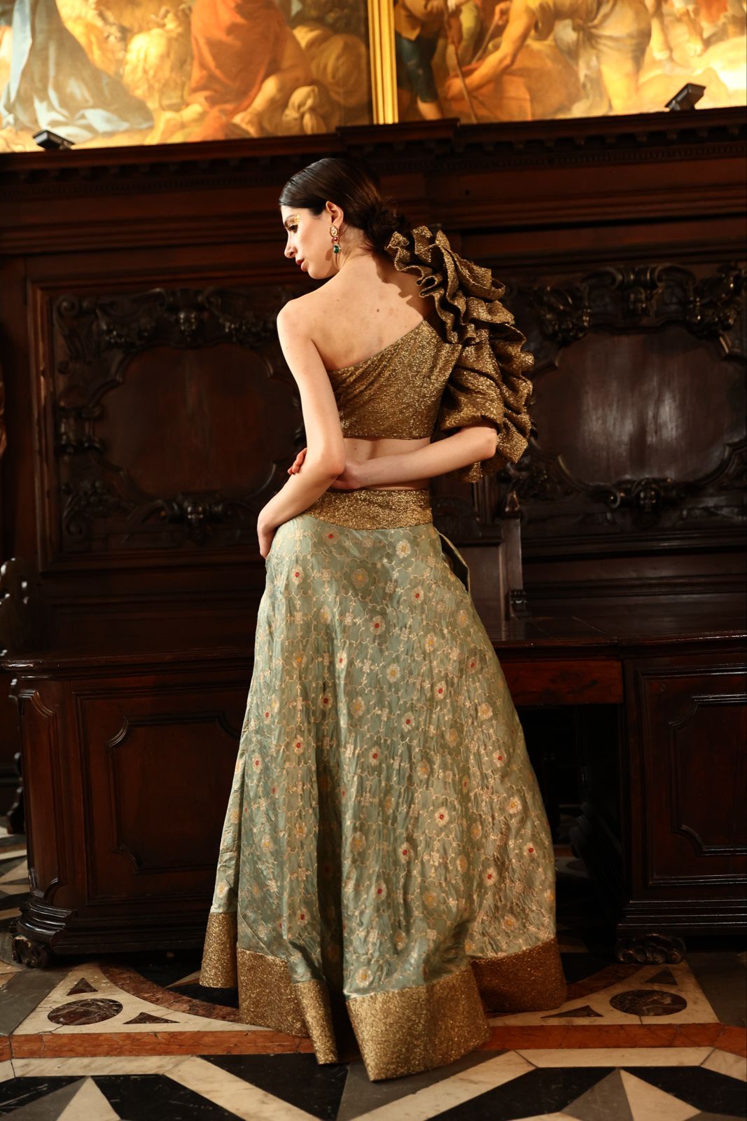 One-Shoulder Sequin Crop Top and Banarasi Brocade Silk Skirt Set