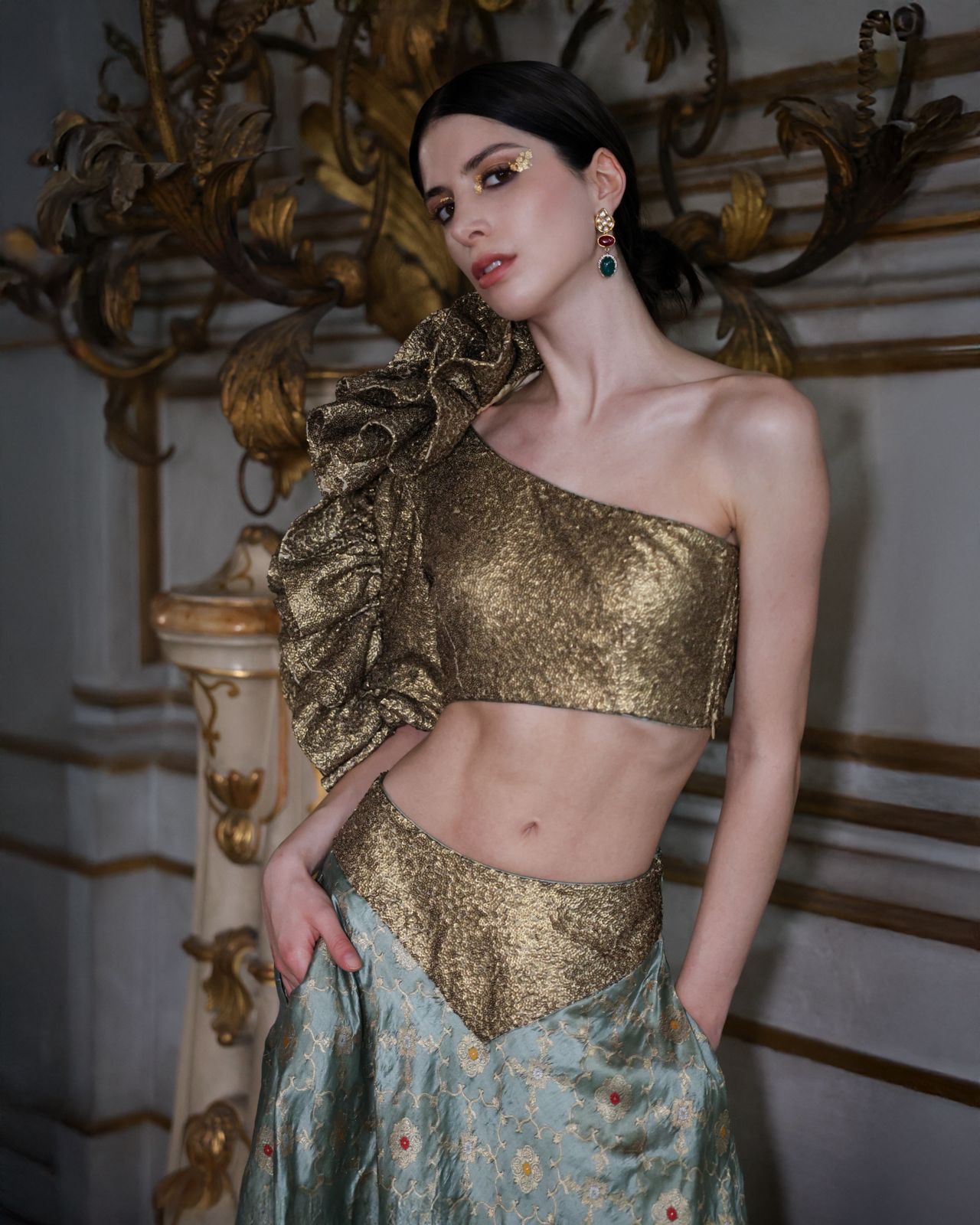 One-Shoulder Sequin Crop Top and Banarasi Brocade Silk Skirt Set