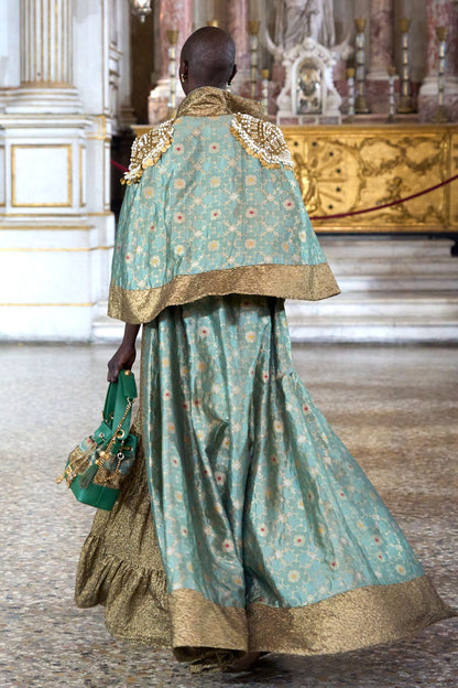 Turquoise Banarasi Brocade Long Jacket, Bustier, and Garara Set