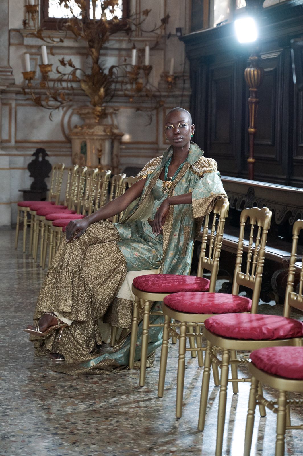 Turquoise Banarasi Brocade Long Jacket, Bustier, and Garara Set