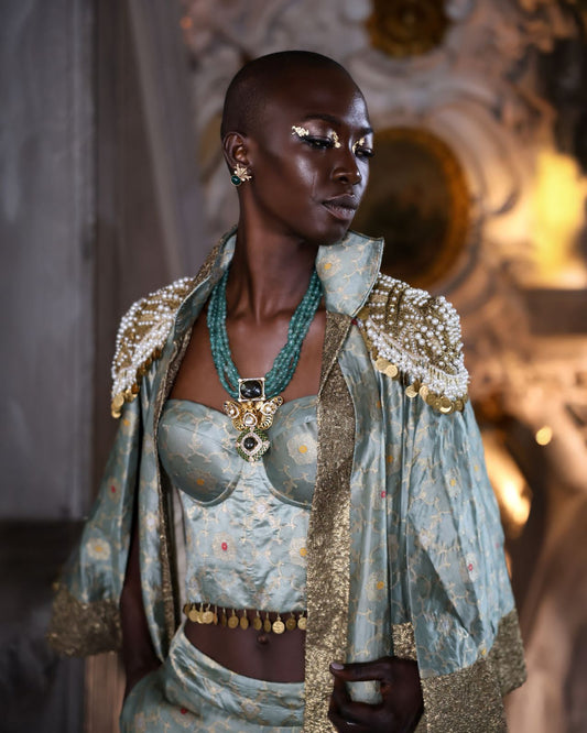 Turquoise Banarasi Brocade Long Jacket, Bustier, and Garara Set