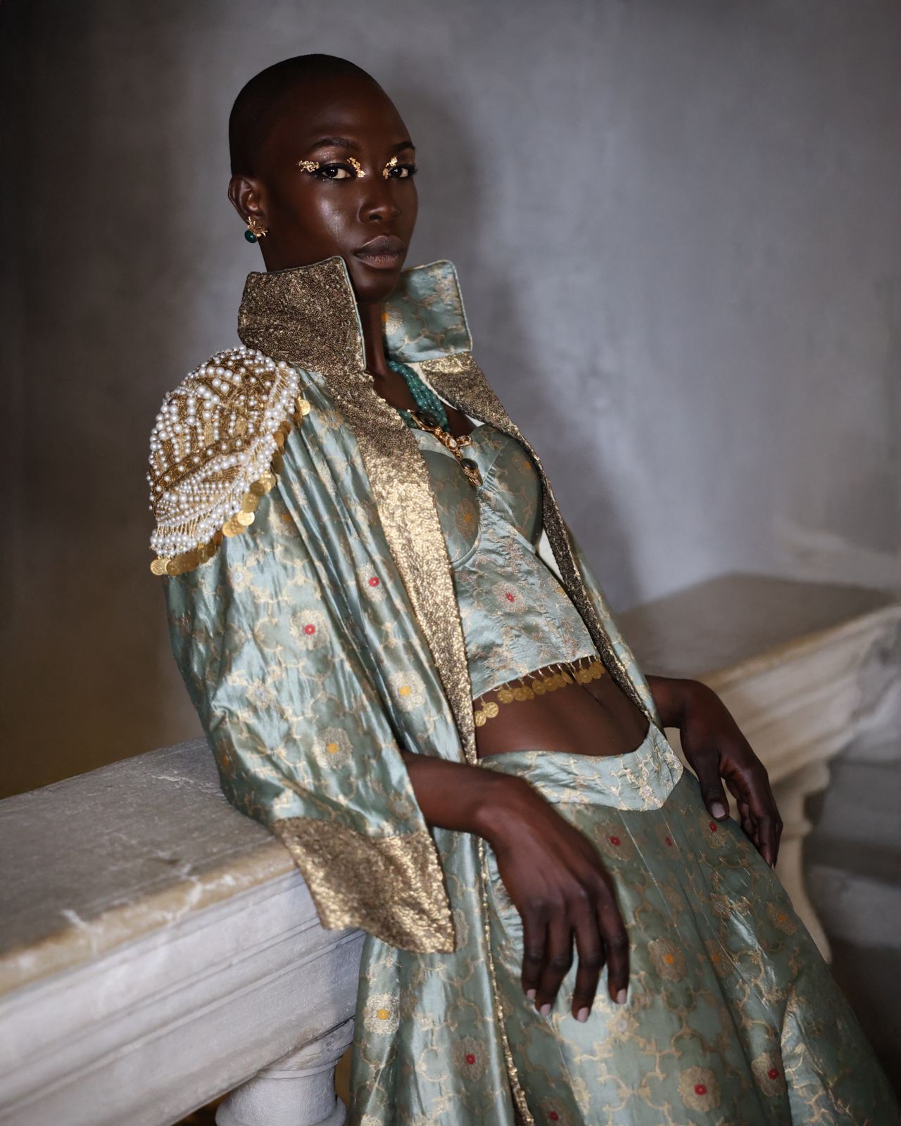 Turquoise Banarasi Brocade Long Jacket, Bustier, and Garara Set