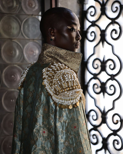 Turquoise Banarasi Brocade Long Jacket, Bustier, and Garara Set