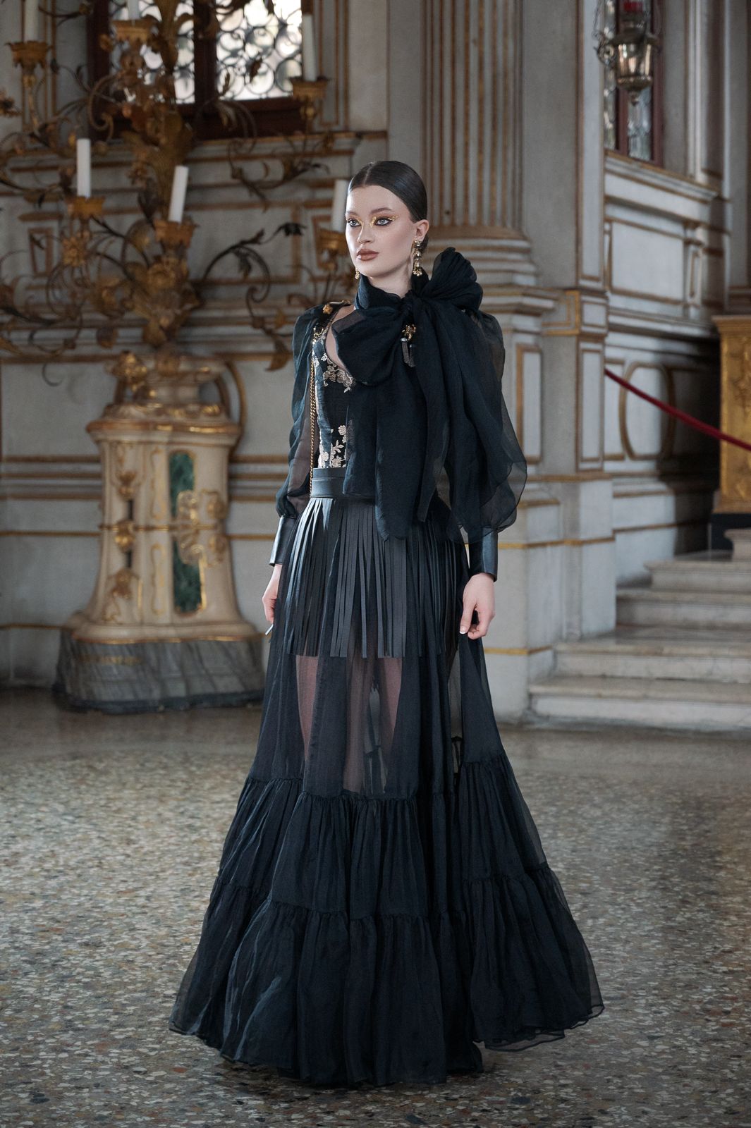 Golden Rose Embroidered Bodysuit with Organza Skirt & Leather Fringe Belt