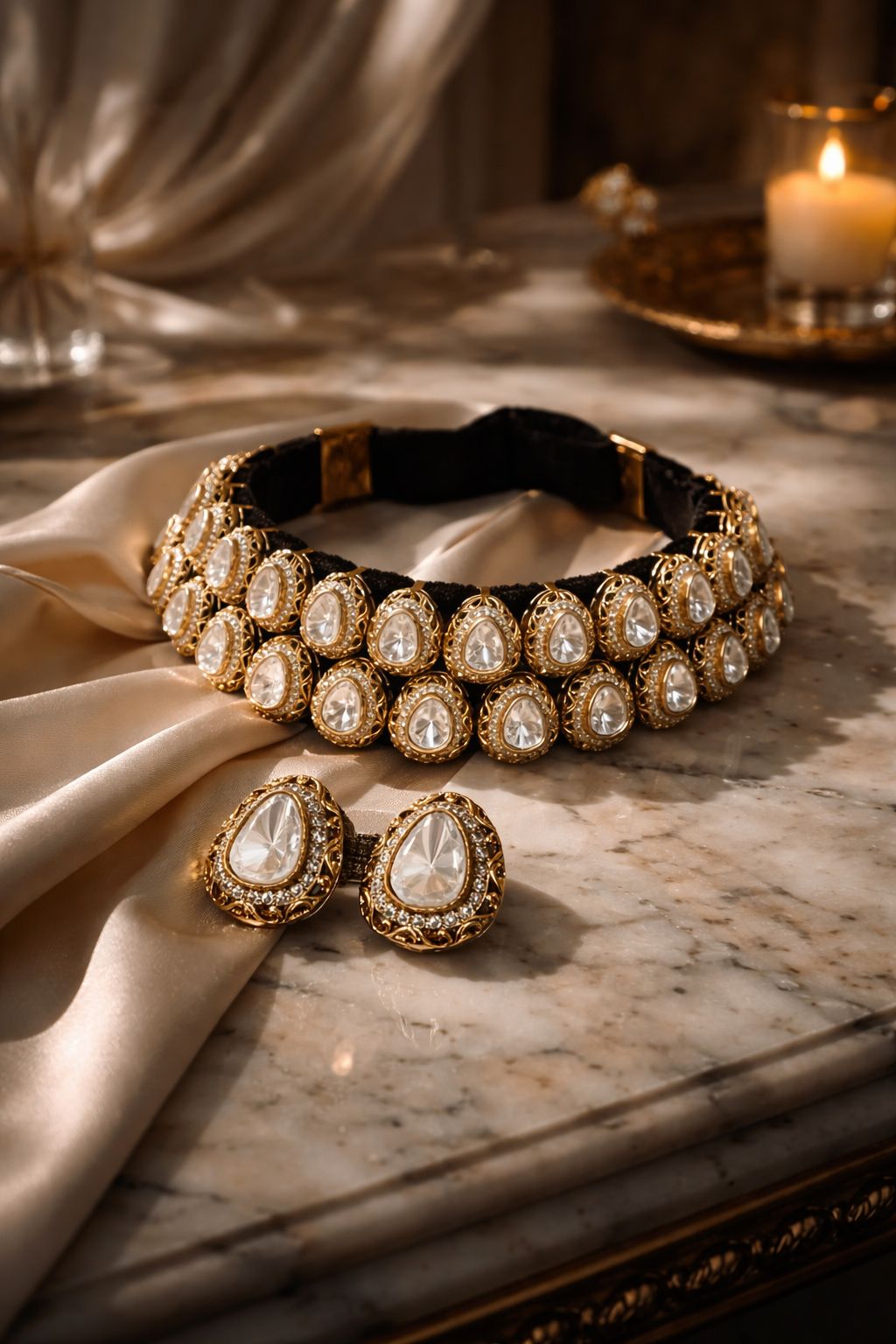 Black Velvet Kundan Crystal Choker Necklace