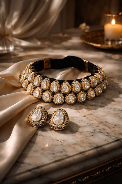 Black Velvet Kundan Crystal Choker Necklace